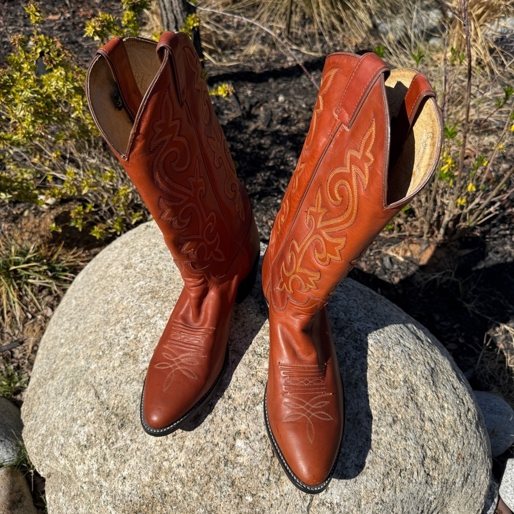 Justin Boots Men's Western Cowboy Boots Brown Pull-On Embroidered Snip Toe 9.5D - Picture 4 of 12
